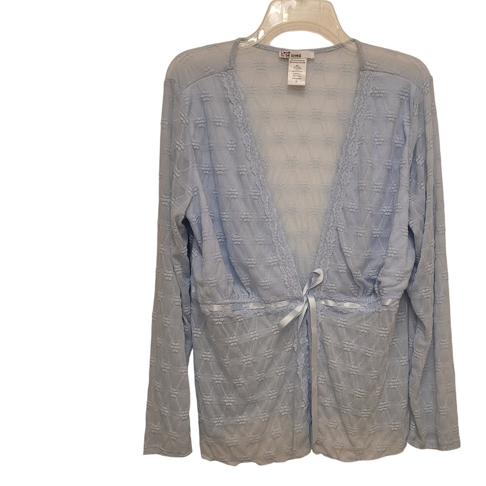 Love to Be Loved Light Blue Lace Kimono Cardigan Womens 1X Long Sleeve Tie Front
